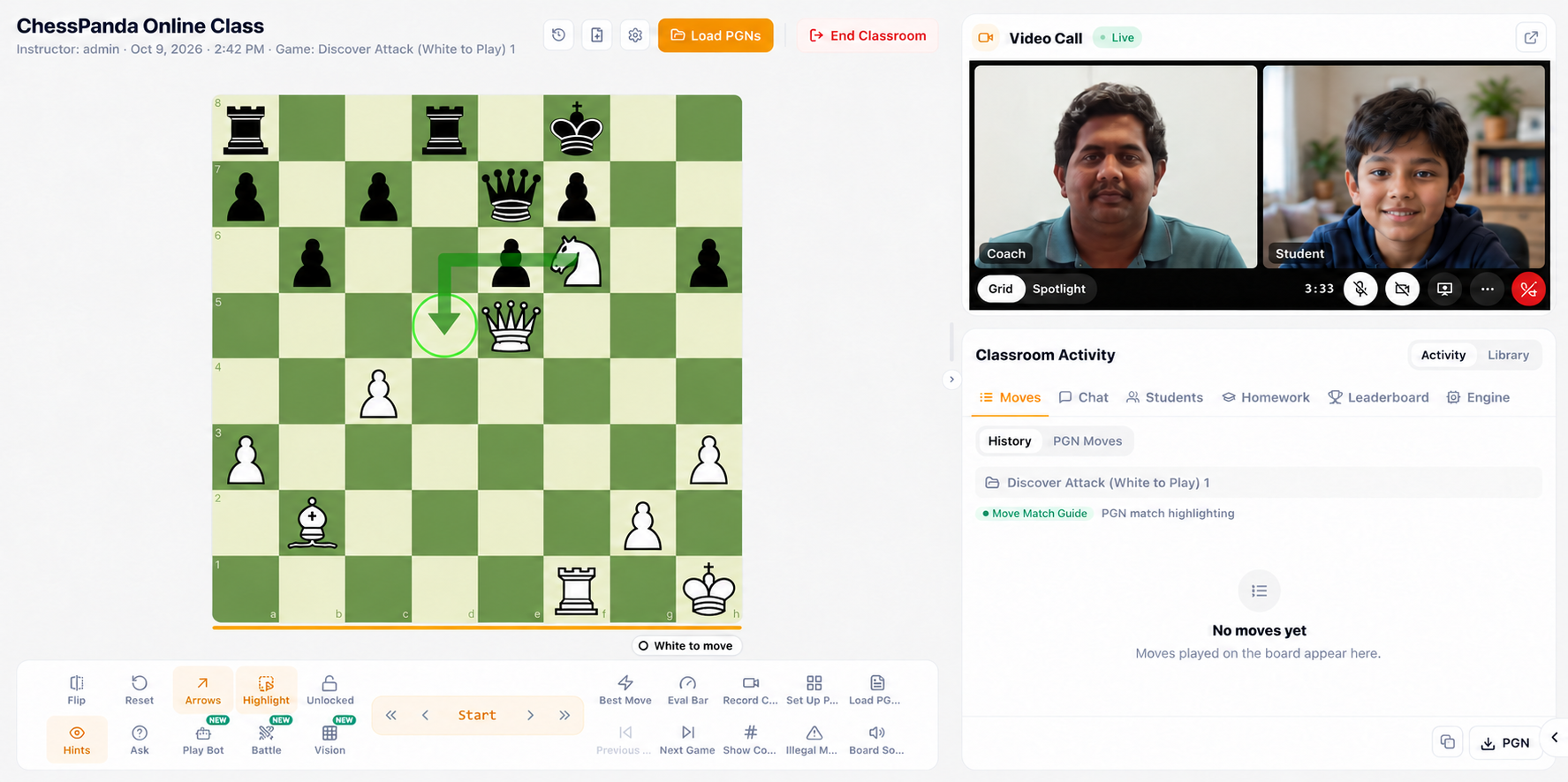 ChessPanda online classroom showing the shared chessboard, coach and student video call, and classroom activity panel