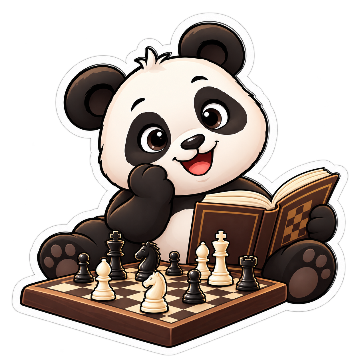 Chess Panda mascot studying a chess position