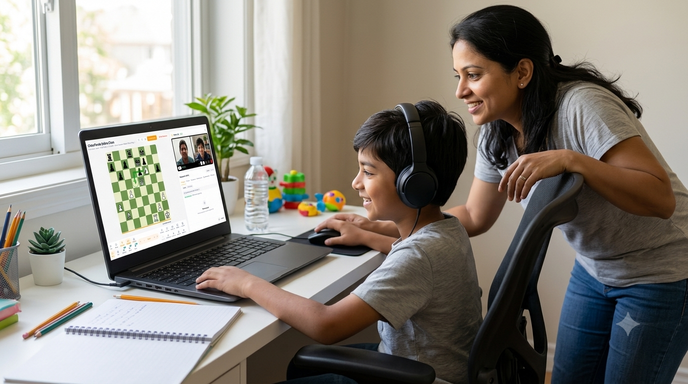 A child wearing headphones practising chess on a laptop with a parent beside him