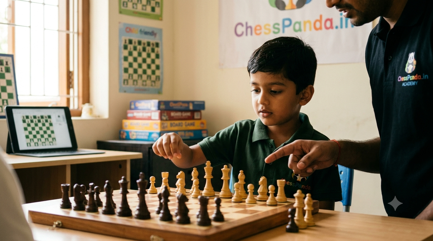 Illustration of a child learning chess with a coach in a ChessPanda-branded classroom